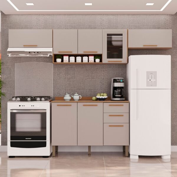 Kit 2 Armário Aéreo Geladeira + 1 Armário Aéreo Vidro Fumê + 1 Balcão New Valência Cinamomo/Off White - SALLÊTO