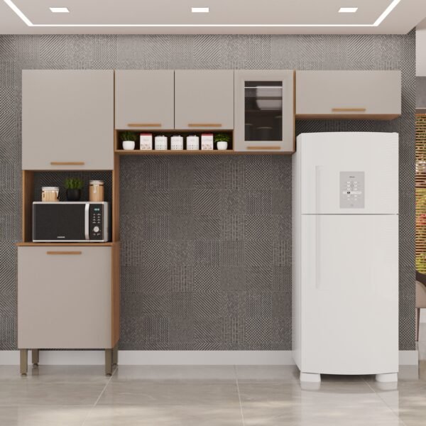 Cozinha 3 Peças (S/Balcão) New Valência (Vidro Fumê) Cinamomo/Off White - SALLÊTO