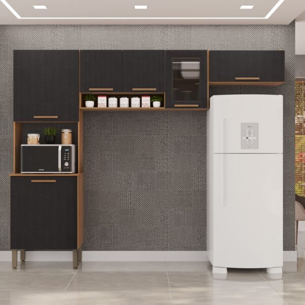 Cozinha 3 Peças (S/Balcão) New Valência (Vidro Fumê) Cinamomo/Preto - SALLÊTO