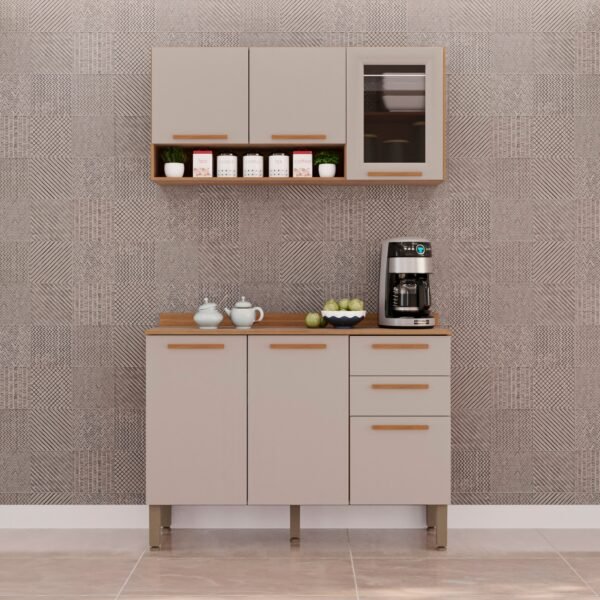 Armário Aéreo Vidro Fumê + Balcão New Valência Cinamomo/Off White - SALLÊTO