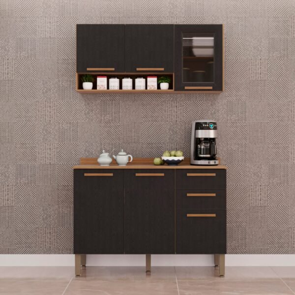 Armário Aéreo Vidro Fumê + Balcão New Valência Cinamomo/Preto - SALLÊTO