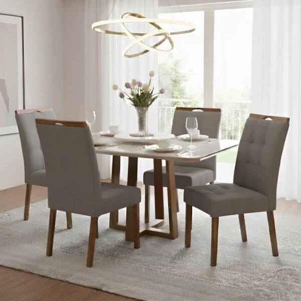 Mesa Pedro 120 Mel/Off White com 4 Cadeiras Sophia Linho Cinza Grafite 202 – ART ASSENTOS + WM DECOR