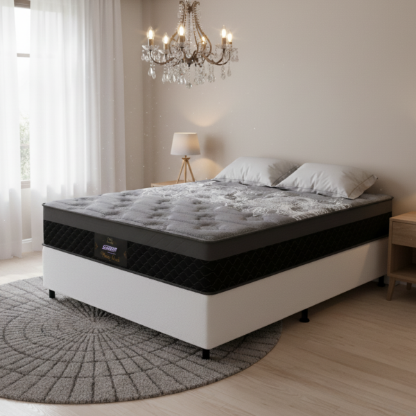 Colchão Casal New York D28 + Base Box Simples Corino Branco – GAZIN + ALTO NÍVEL CAMAS E COLCHÕES