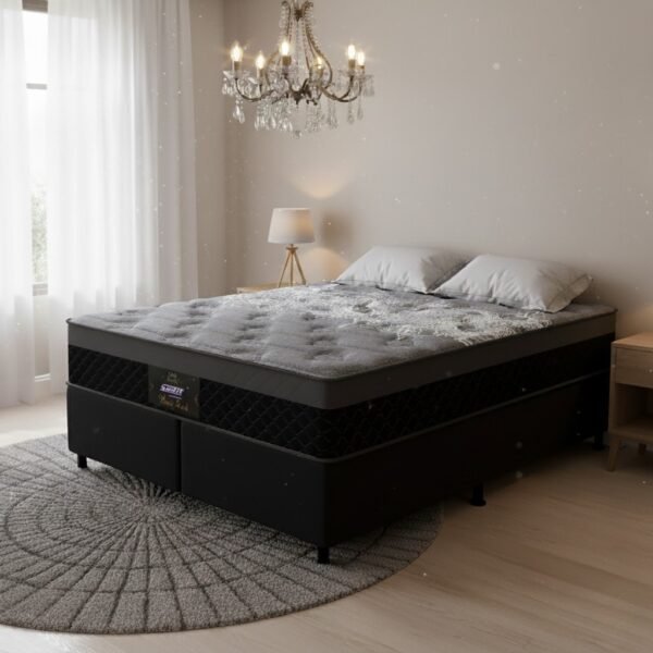 Colchão Casal New York D28 + Base Box Simples Corino Preto – GAZIN + ALTO NÍVEL CAMAS E COLCHÕES