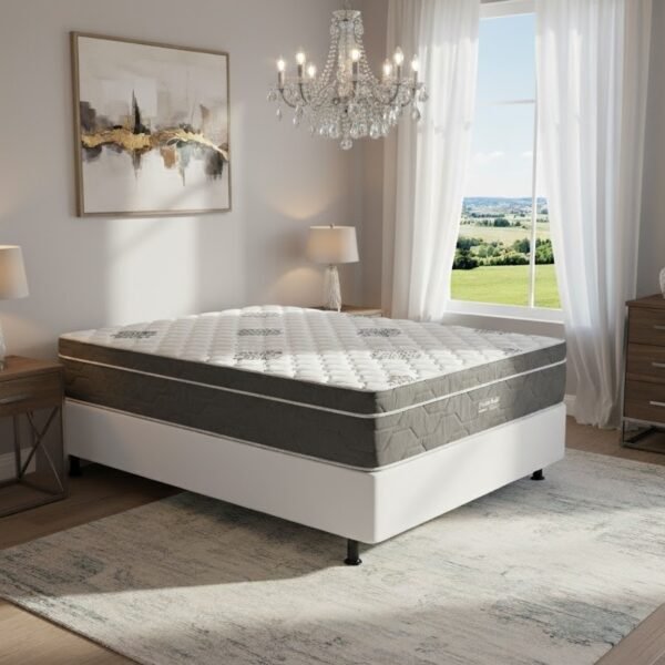Colchão Casal Essential Pocket D26 + Base Box Simples Corino Branco – INOVAFLEX + ALTO NÍVEL CAMAS E COLCHÕES