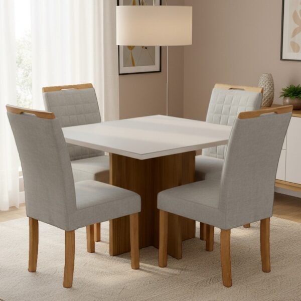 Mesa Salinas/Helô/Los Angeles 120 Cinamomo/Off White com 4 Cadeiras Pandora 01 Veludo Cinza Prata 127 – CEL MÓVEIS + CARVALHO DECOR