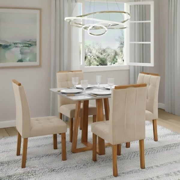 Mesa Bali 90 Cinamomo/Off White com 4 Cadeiras Sophia Veludo Bege – MINASPLAC + WM DECOR