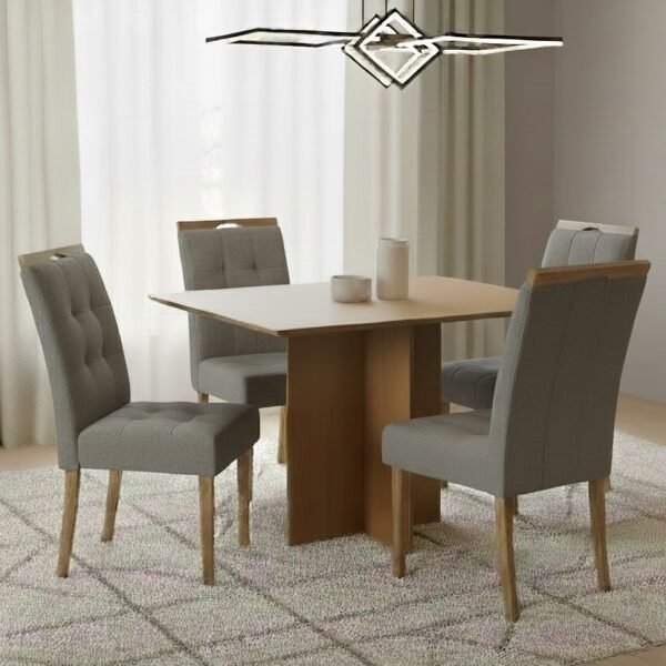 Mesa Pérola 120 Imbuia Mel (Tampo Viena s/vidro) com 4 Cadeiras Sophia Veludo Cinza Grafite – CARVALHO DECOR + WM DECOR