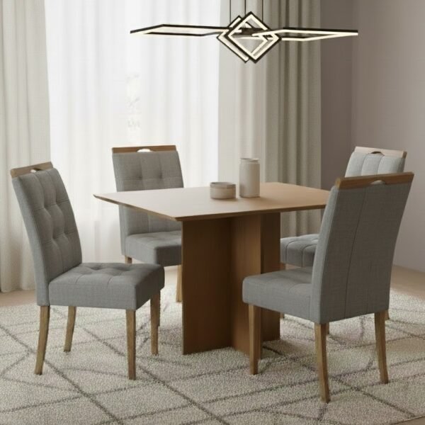 Mesa Pérola 120 Imbuia Mel (Tampo Viena s/vidro) com 4 Cadeiras Sophia Linho Cinza Grafite 202 – CARVALHO DECOR + WM DECOR