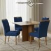 Mesa Pérola 90 Imbuia Mel (Tampo Viena s/vidro) com 4 Cadeiras Sophia Veludo Azul – CARVALHO DECOR + WM DECOR