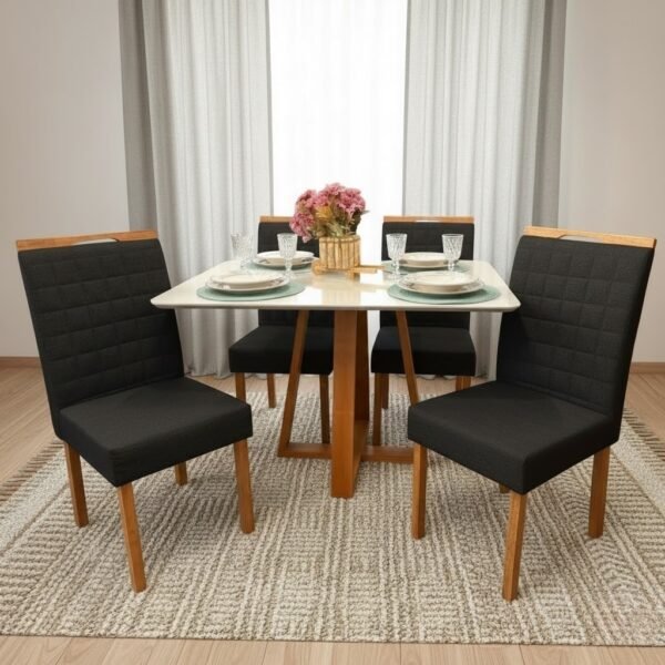 Mesa Pedro 120 Mel/Off White com 4 Cadeiras Pandora 01 Veludo Preto 38 – ART ASSENTOS + CARVALHO DECOR