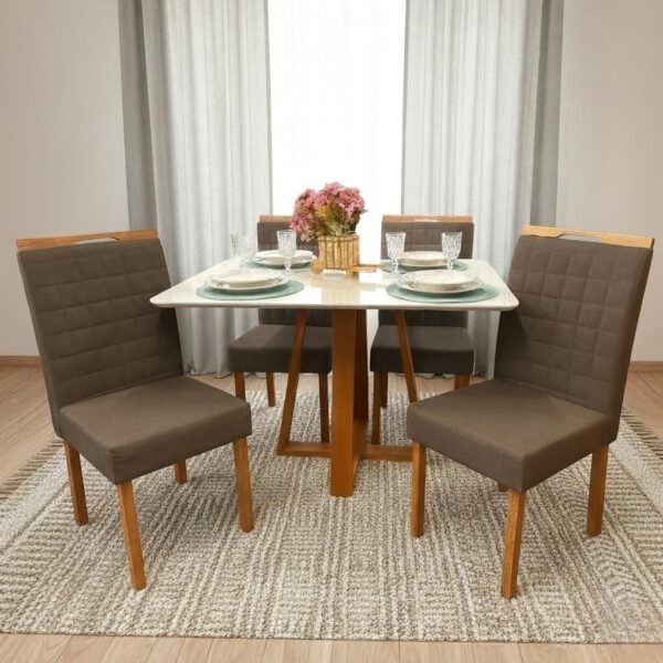 Mesa Pedro 120 Mel/Off White com 4 Cadeiras Pandora 01 Veludo Marrom 134 – ART ASSENTOS + CARVALHO DECOR