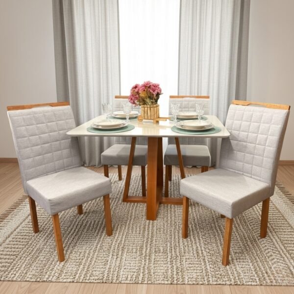 Mesa Pedro 120 Mel/Off White com 4 Cadeiras Pandora 01 Veludo Cinza Prata 127 – ART ASSENTOS + CARVALHO DECOR