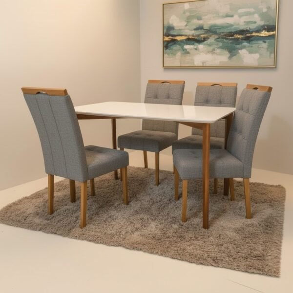 Mesa Ravena 120 Naturale/Off White com 4 Cadeiras Sophia Cinza Linho Grafite 202 – CLEFATOS DECOR + WM DECOR