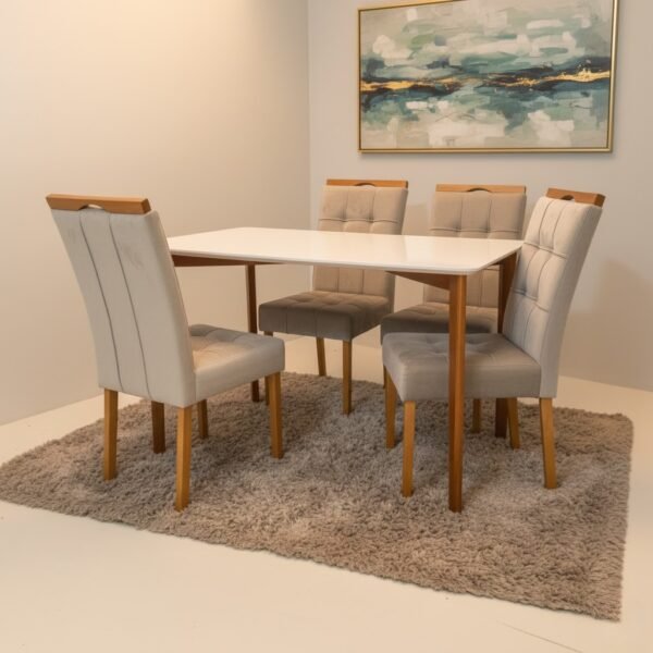 Mesa Ravena 120 Naturale/Off White com 4 Cadeiras Sophia Veludo Bege – CLEFATOS DECOR + WM DECOR