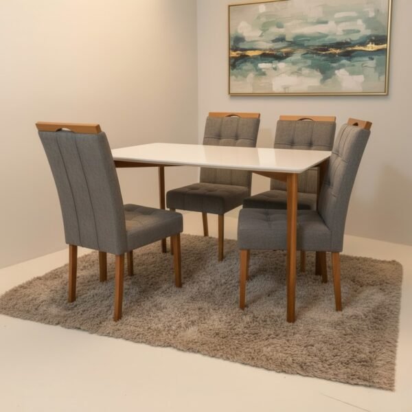 Mesa Ravena 120 Naturale/Off White com 4 Cadeiras Sophia Veludo Cinza Grafite – CLEFATOS DECOR + WM DECOR