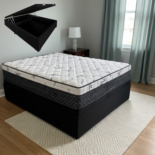 Colchão Casal Prime Light 26 cm D28 + Base Box Baú Corino Preto – ORTHOPRIME + BIOSTAR