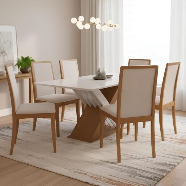 Mesa Graviola BA29 160 Canela/Off White com 6 Cadeiras Lara 2CMM007CA Linho Areia – KAPPESBERG