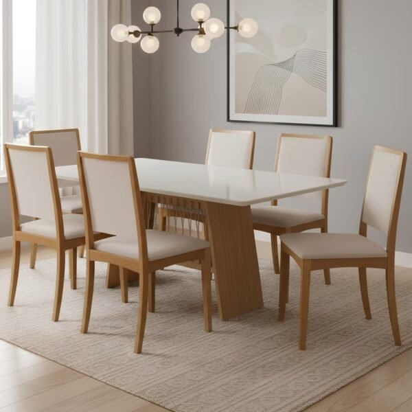 Mesa Damiana BA56 160 Canela/Off White com 6 Cadeiras Lara 2CMM007CA Linho Areia – KAPPESBERG