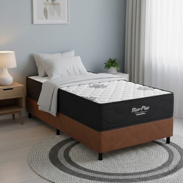 Colchão Solteiro Star Plus D26 + Base Box Simples Corino Marrom – INOVAFLEX + BIOSTAR
