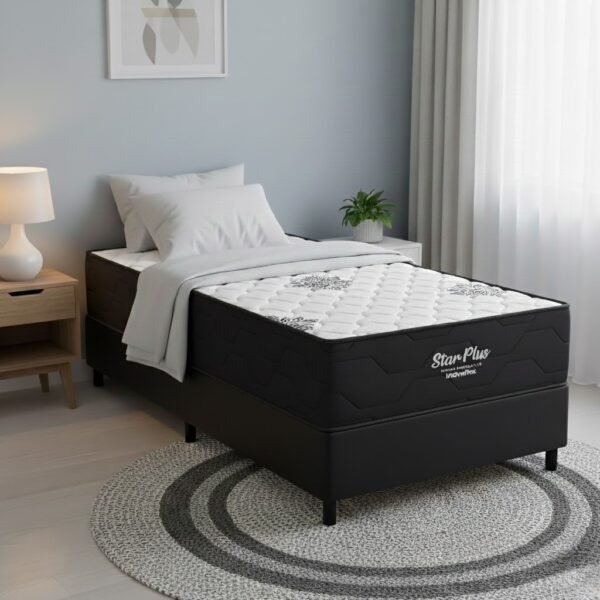 Colchão Solteiro Star Plus D26 + Base Box Simples Corino Preto – INOVAFLEX + BIOSTAR