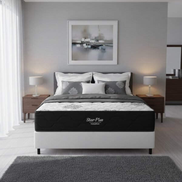 Colchão Casal Star Plus D26 + Base Box Simples Corino Branco – INOVAFLEX + ALTO NÍVEL CAMAS E COLCHÕES