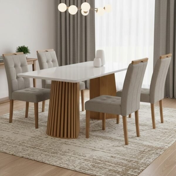 Mesa Nevada 120 (Tampo Smart Plus) Cinamomo/Off White com 4 Cadeiras Sophia Veludo Bege – CEL MÓVEIS + WM DECOR
