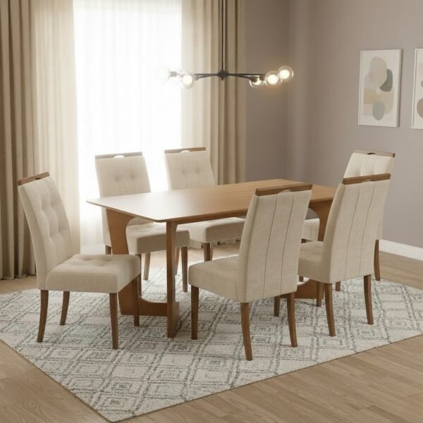 Mesa Dubai 160 (Tampo Londres s/vidro) Cinamomo com 6 Cadeiras Sophia Linho Bege 200 – CEL MÓVEIS + WM DECOR