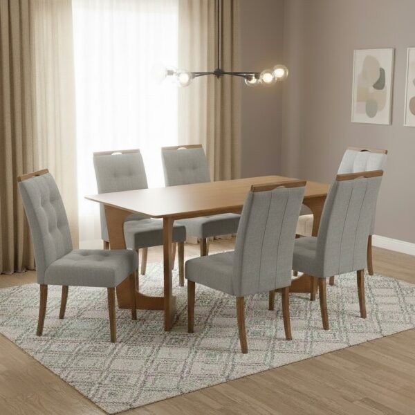 Mesa Dubai 160 (Tampo Londres s/vidro) Cinamomo com 6 Cadeiras Sophia Linho Cinza Grafite 202 – CEL MÓVEIS + WM DECOR