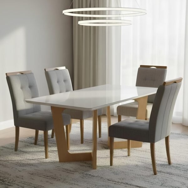 Mesa Dubai 120 (Tampo Londres) Cinamomo/Off White com 4 Cadeiras Sophia Linho Cinza Grafite 202 – CEL MÓVEIS + WM DECOR