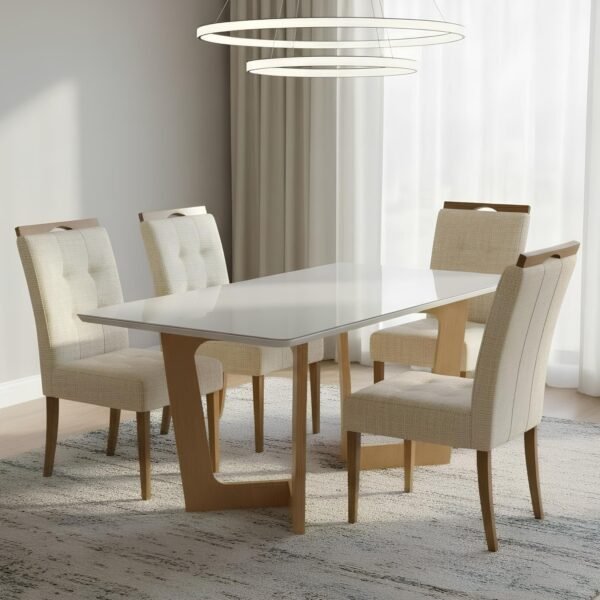 Mesa Dubai 120 (Tampo Londres) Cinamomo/Off White com 4 Cadeiras Sophia Linho Bege 200 – CEL MÓVEIS + WM DECOR