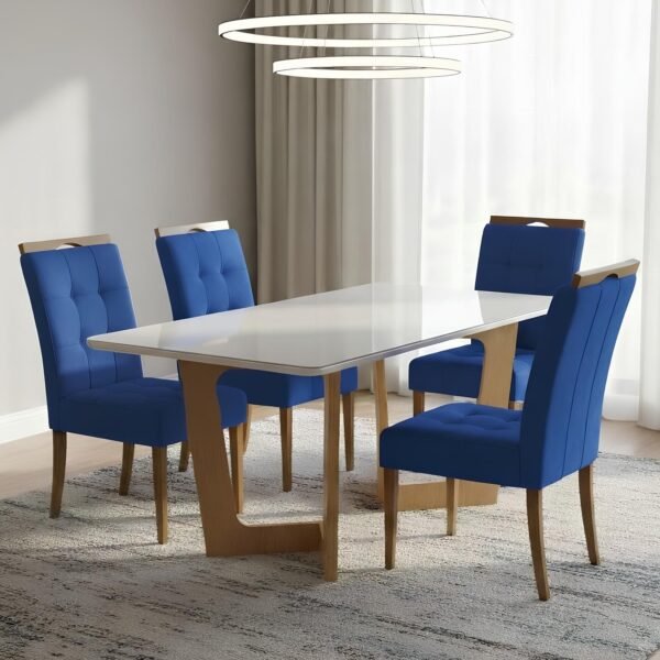 Mesa Dubai 120 (Tampo Londres) Cinamomo/Off White com 4 Cadeiras Sophia Veludo Azul – CEL MÓVEIS + WM DECOR