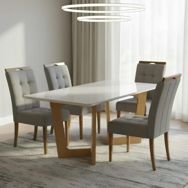 Mesa Dubai 120 (Tampo Londres) Cinamomo/Off White com 4 Cadeiras Sophia Veludo Cinza Grafite – CEL MÓVEIS + WM DECOR