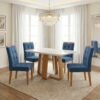 Mesa Sintonia (Tampo Maxi) 120 Amêndoa Clean/Off White com 4 Cadeiras Sophia Veludo Azul – LOPAS + WM DECOR