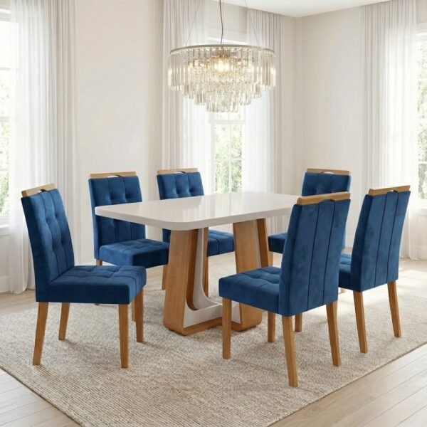 Mesa Sintonia (Tampo Maxi) 170 Amêndoa Clean/Off White com 6 Cadeiras Sophia Veludo Azul – LOPAS + WM DECOR