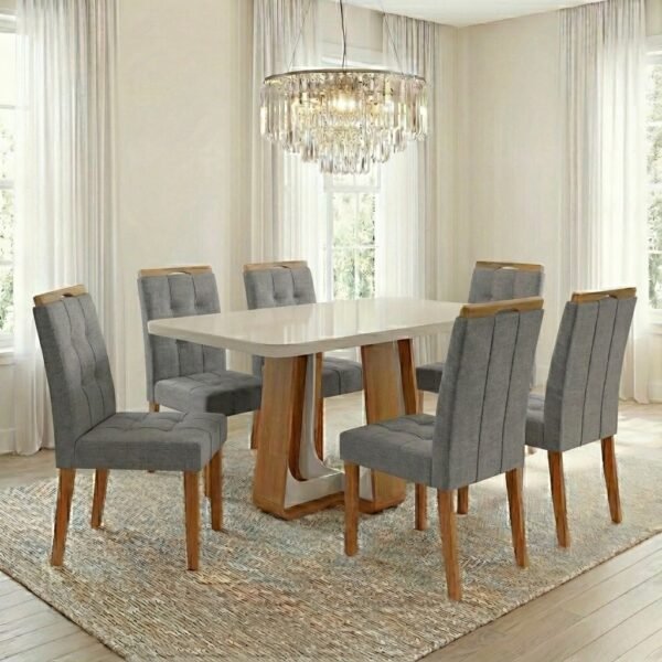 Mesa Sintonia (Tampo Maxi) 170 Amêndoa Clean/Off White com 6 Cadeiras Sophia Linho Cinza Grafite 202 – LOPAS + WM DECOR