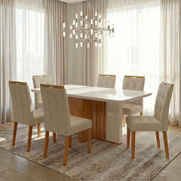 Mesa Astrid (Tampo Maxi) 170 Amêndoa Clean/Off White com 6 Cadeiras Sophia Linho Bege 200 – LOPAS + WM DECOR
