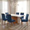 Mesa Astrid (Tampo Maxi) 170 Amêndoa Clean/Off White com 6 Cadeiras Sophia Veludo Azul – LOPAS + WM DECOR