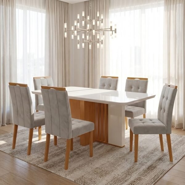 Mesa Astrid (Tampo Maxi) 170 Amêndoa Clean/Off White com 6 Cadeiras Sophia Veludo Bege – LOPAS + WM DECOR