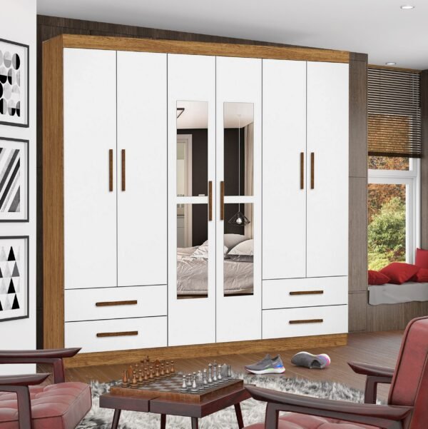Guarda-Roupa 6 Portas Hércules(Com espelho) 1,77 m Cinamomo/Branco – CARIOCA MÓVEIS