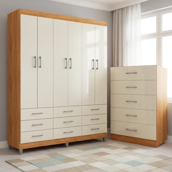 Guarda-Roupa 6 Portas Paraty 3690 + Cômoda 5 Gavetas Aruba Cinamomo/Off White - FELLICCI