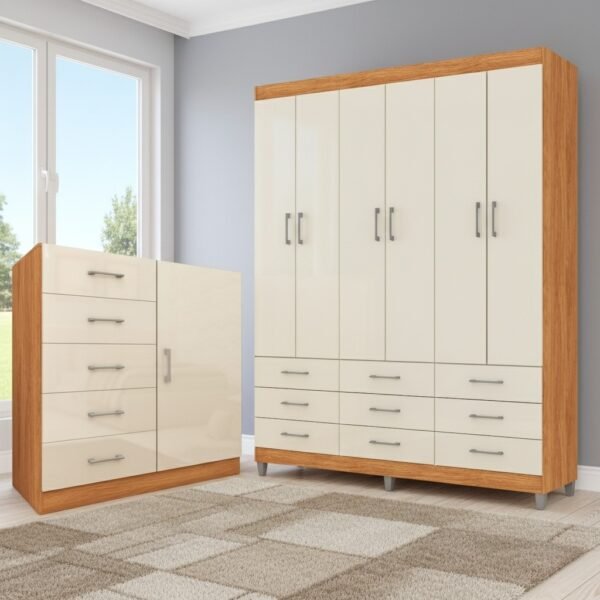 Guarda-Roupa 6 Portas Paraty 3690 + Cômoda 5 Gavetas Sapateira Miami Cinamomo/Off White - FELLICCI