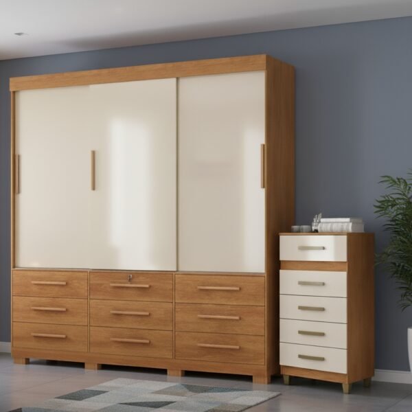 Guarda-Roupa 3 Portas Toronto RP1930 + Cômoda 5 Gavetas Malta CO250 Cinamomo/Off White/Cinamomo – FELLICCI