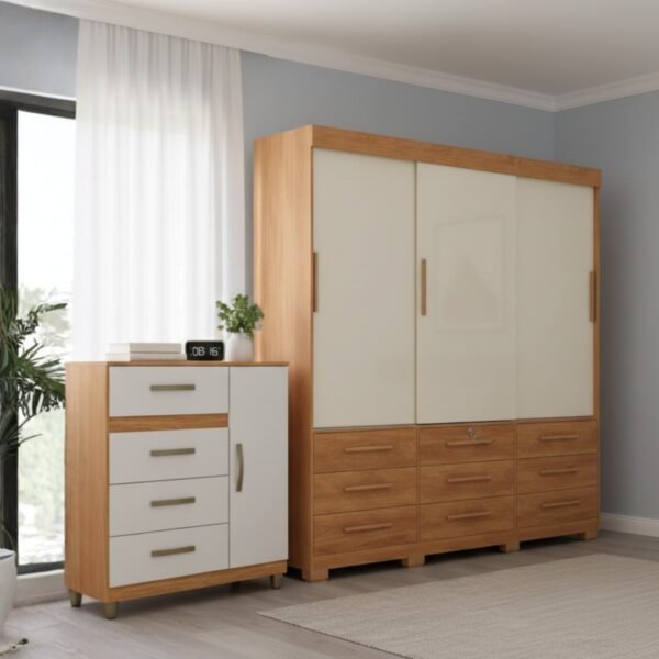 Guarda-Roupa 3 Portas Toronto RP1930 + Cômoda 4 Gavetas com Sapateira Leme CO240 Cinamomo/Off White/Cinamomo – FELLICCI