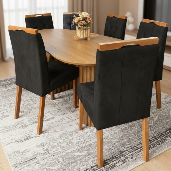 Mesa Isis 180 Freijó com 6 Cadeiras Sophia Veludo Preto – LEIFER + WM DECOR