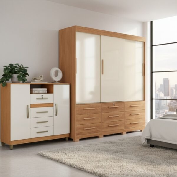 Guarda-Roupa 3 Portas Toronto RP1930 + Cômoda 4 Gavetas 2 Sapateiras Angra CO260 Cinamomo/Off White/Cinamomo – FELLICCI