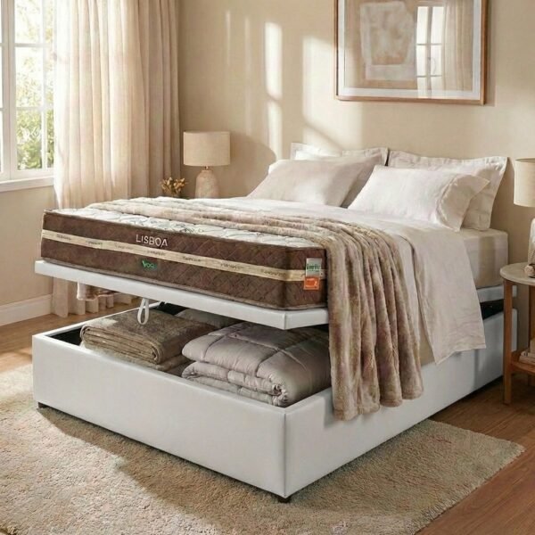 Colchão Casal Lisboa D28 + Base Box Baú Corino Branco – ECOTEC + ALTO NÍVEL CAMAS E COLCHÕES