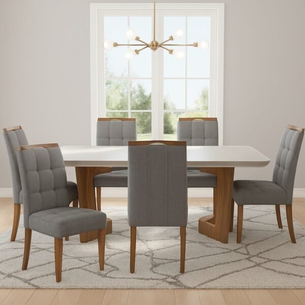 Mesa Liz 160 (Tampo 40 mm) Cinamomo/Off White com 6 Cadeiras Sophia Linho Cinza Grafite 206 – VALDEMÓVEIS + WM DECOR