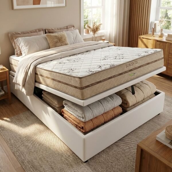 Colchão Casal Toronto D28 + Base Box Baú Corino Branco – ECOTEC + ALTO NÍVEL CAMAS E COLCHÕES