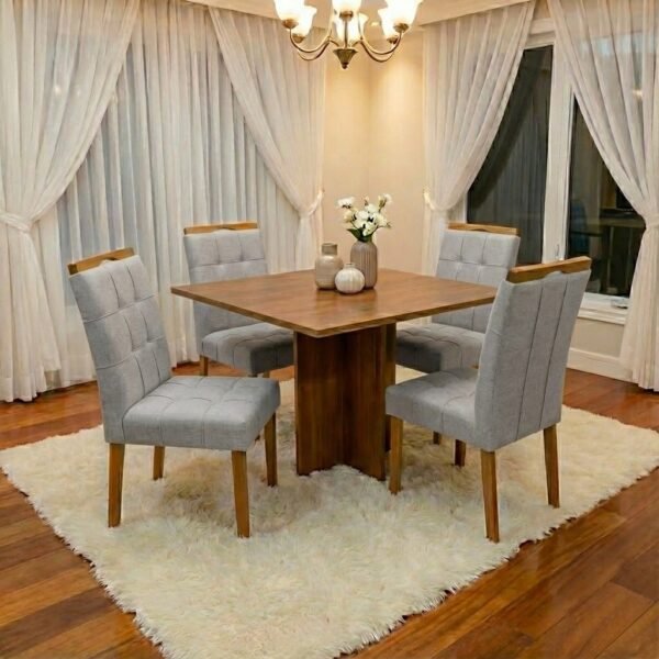 Mesa Salinas 100 (Tampo Dakota s/ vidro) Cinamomo com 4 Cadeiras Sophia Linho Cinza Prata 206 – CEL MÓVEIS + WM DECOR